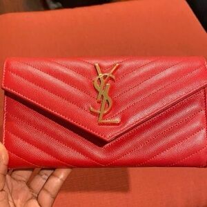 Saint Laurent Red Chevron Quilted Envelope Clutch with Gold YSL
